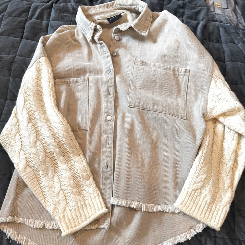 Unique Tan Jean Jacket withh White Sweater Material Sleeves (Ron Jon)